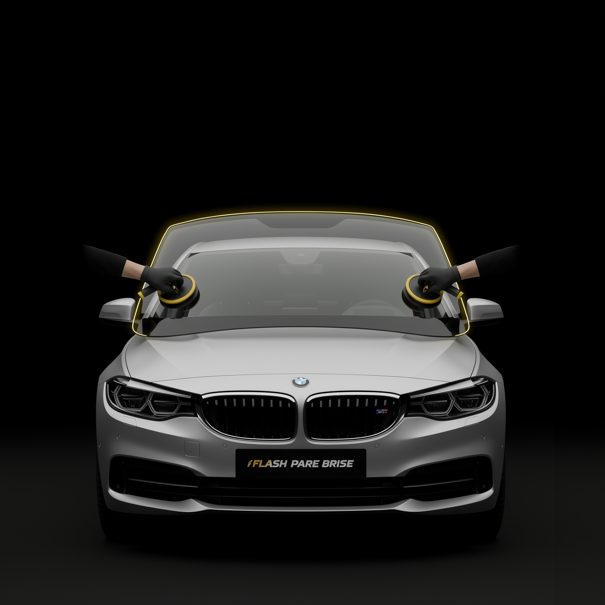 Mains de deux experts Flash Pare-Brise ajustant un pare-brise avant