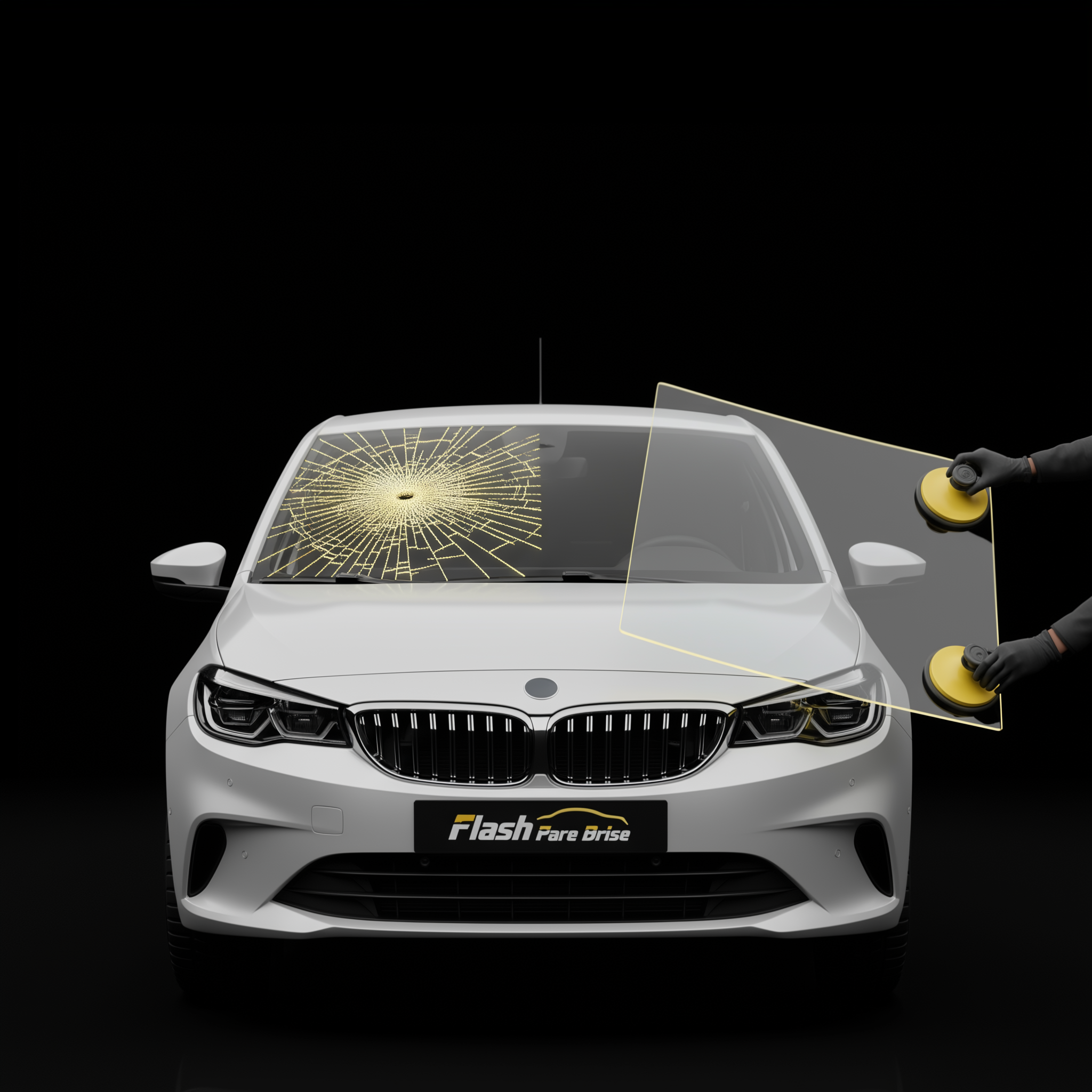 Mains d’un technicien Flash Pare-Brise ajustant un pare-brise avant sur un véhicule