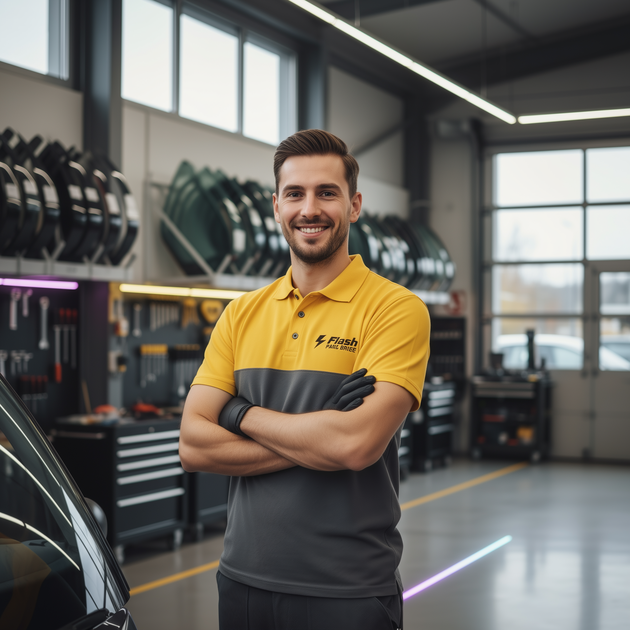 Technicien Flash Pare-Brise en atelier, expert en vitrage automobile