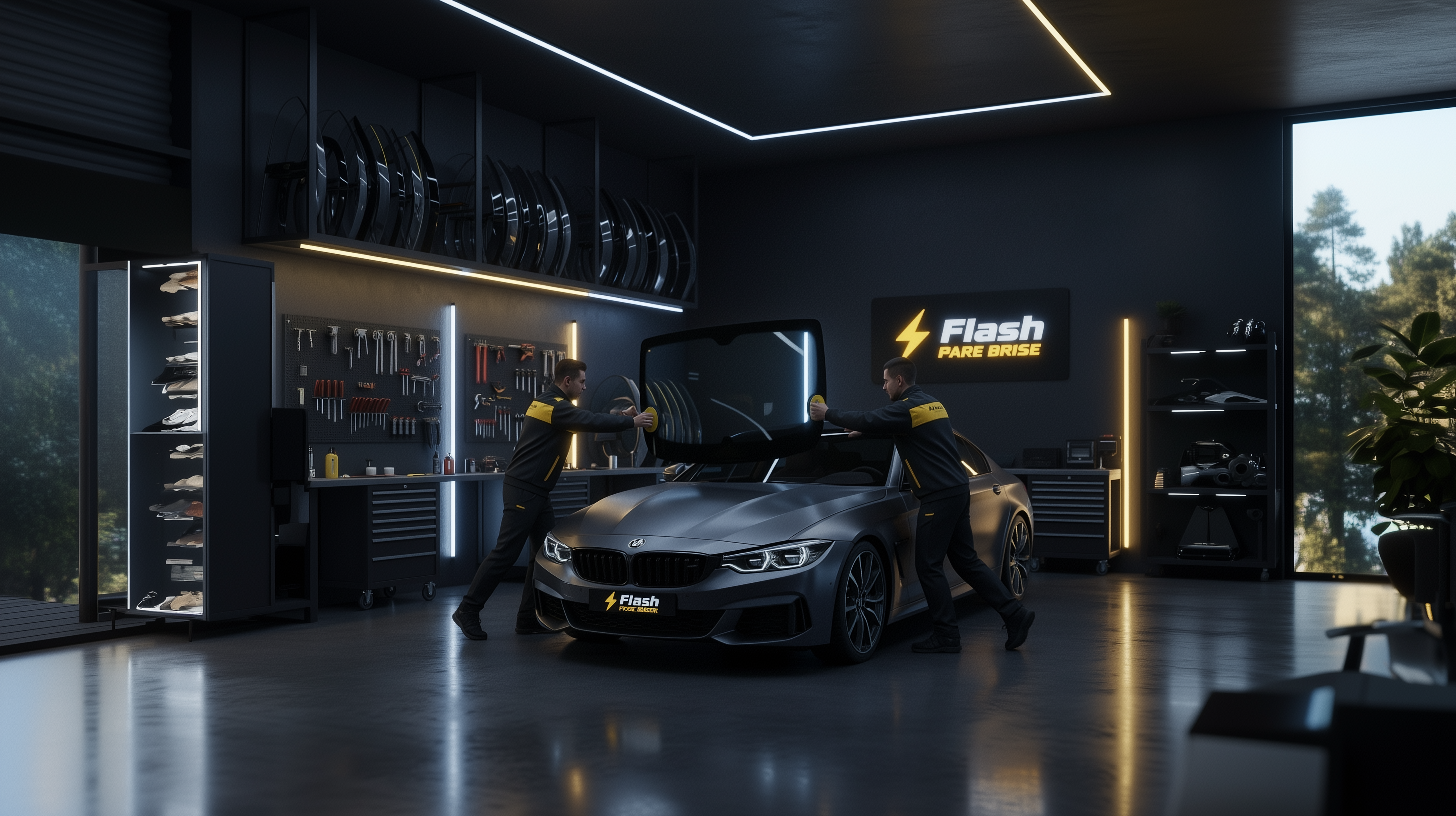 Deux techniciens Flash Pare-Brise effectuant une intervention complète de remplacement de pare-brise