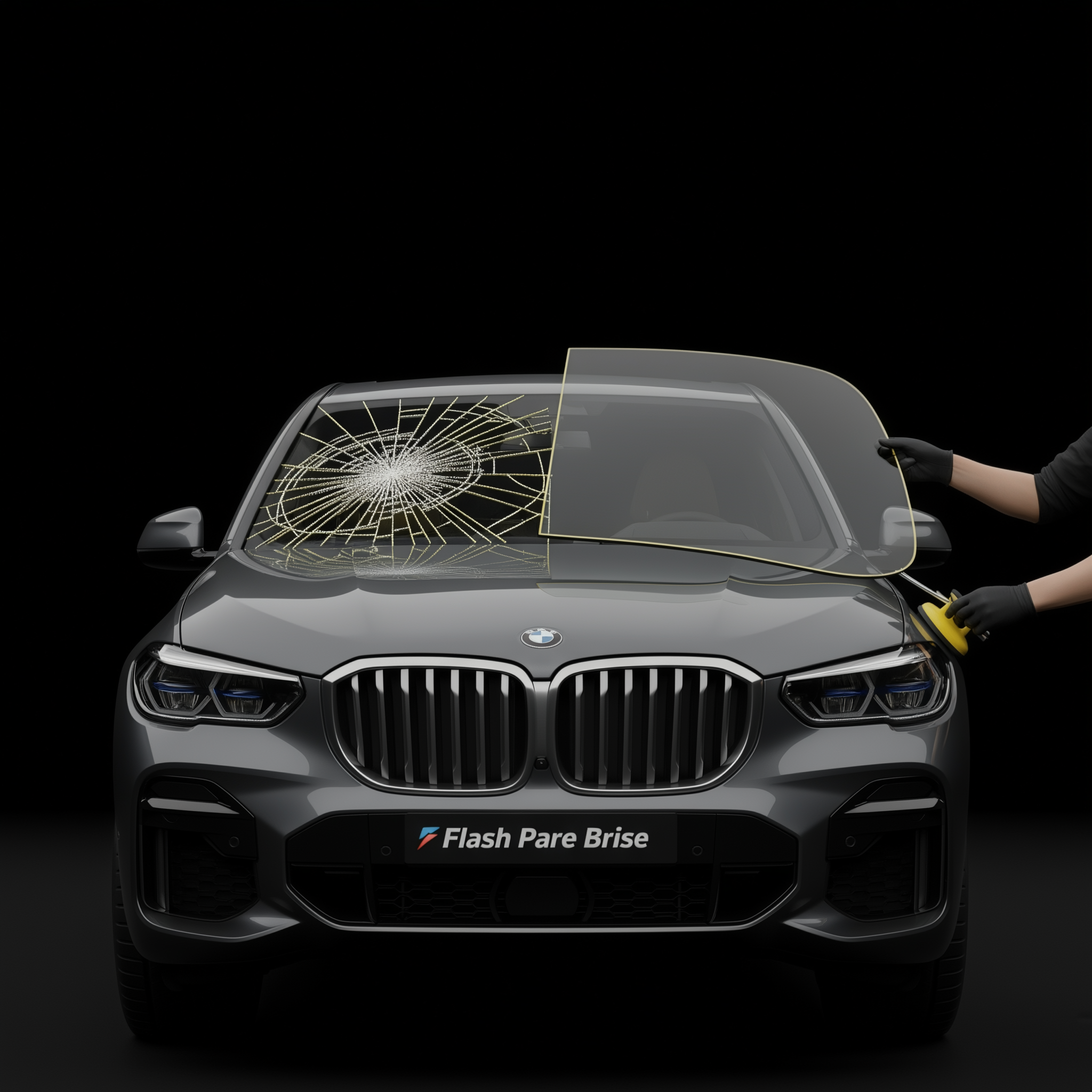 Mains d’un expert Flash Pare-Brise manipulant un pare-brise avant