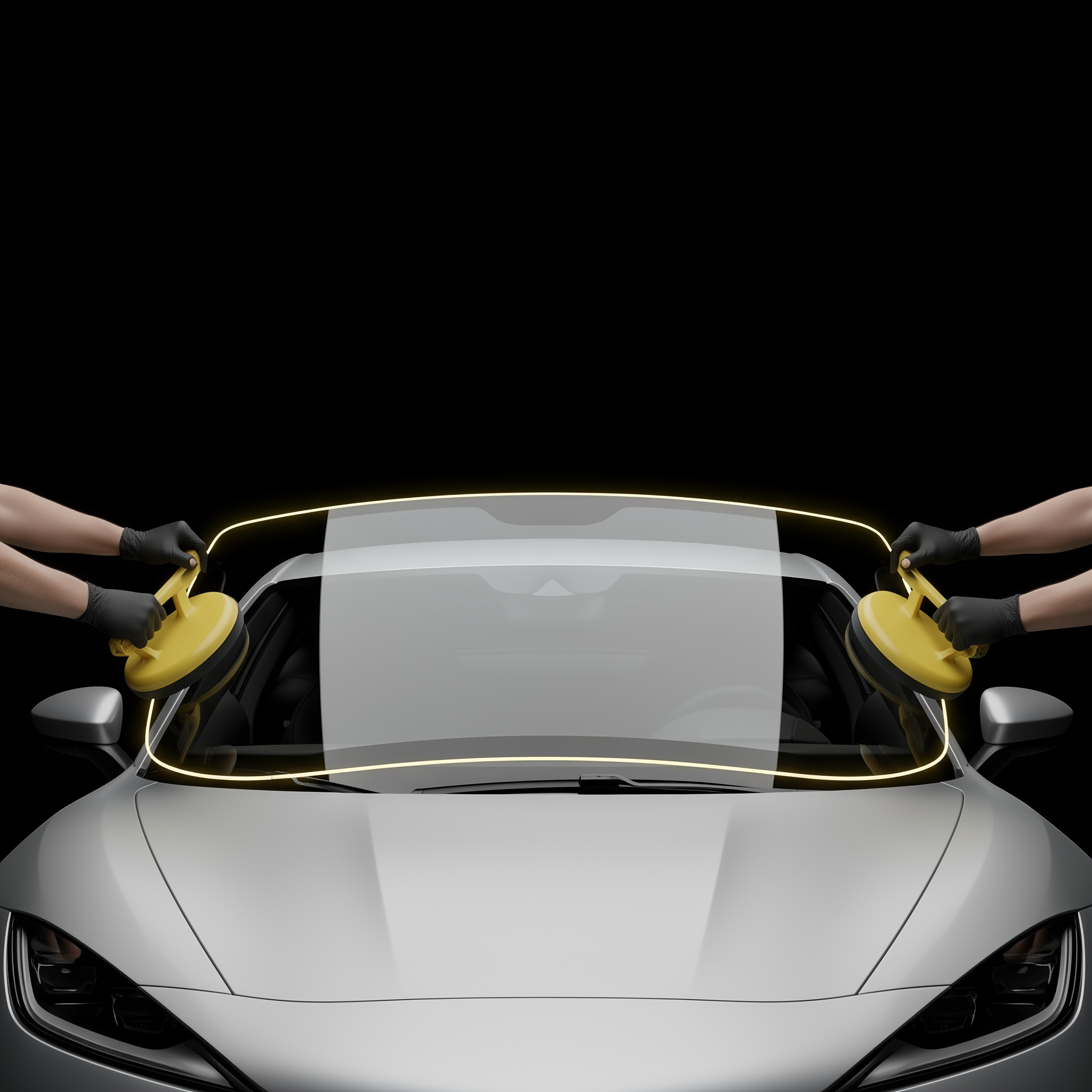 Mains de deux techniciens positionnant un nouveau pare-brise avant Flash Pare-Brise