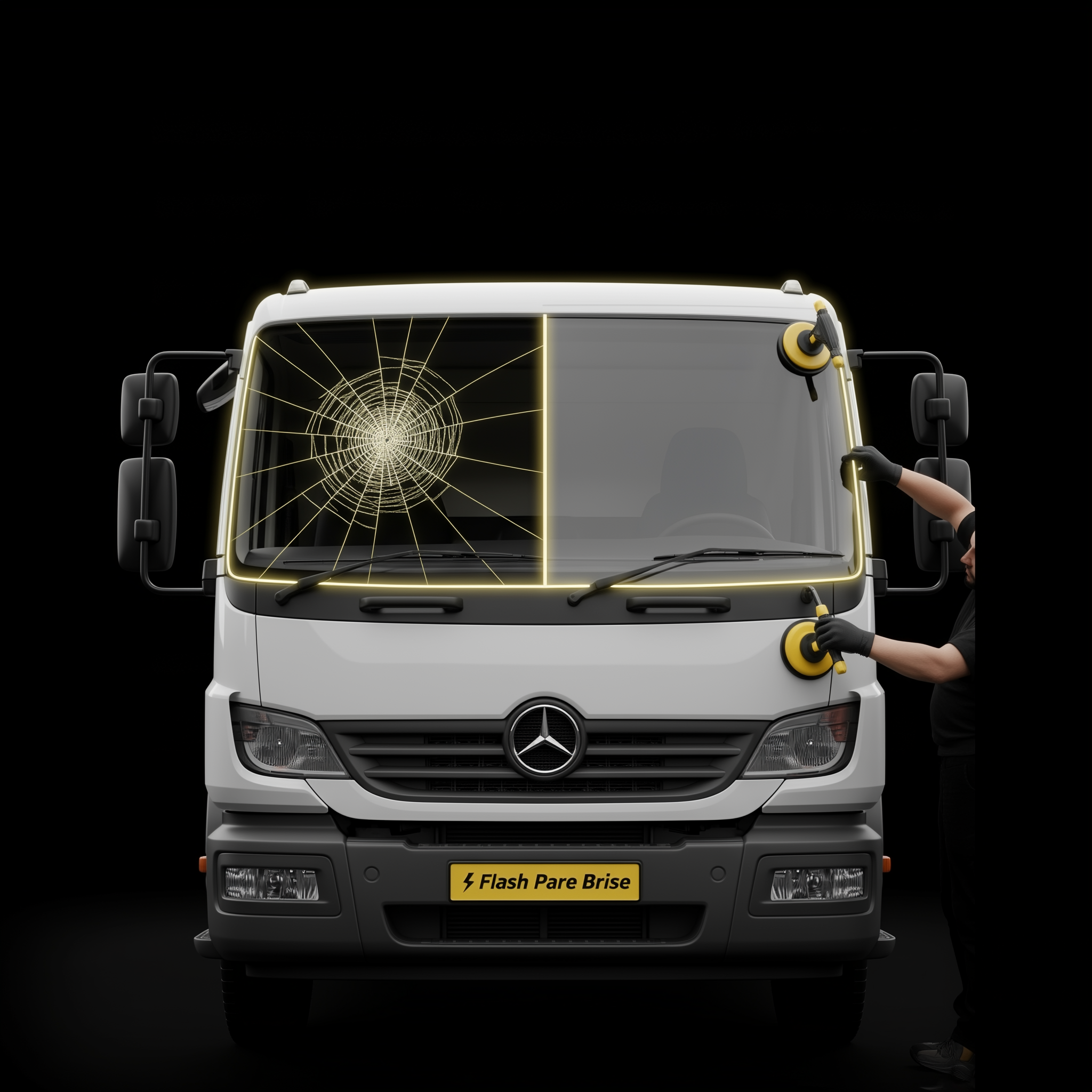 Technicien Flash Pare-Brise remplaçant le pare-brise avant d’un camion