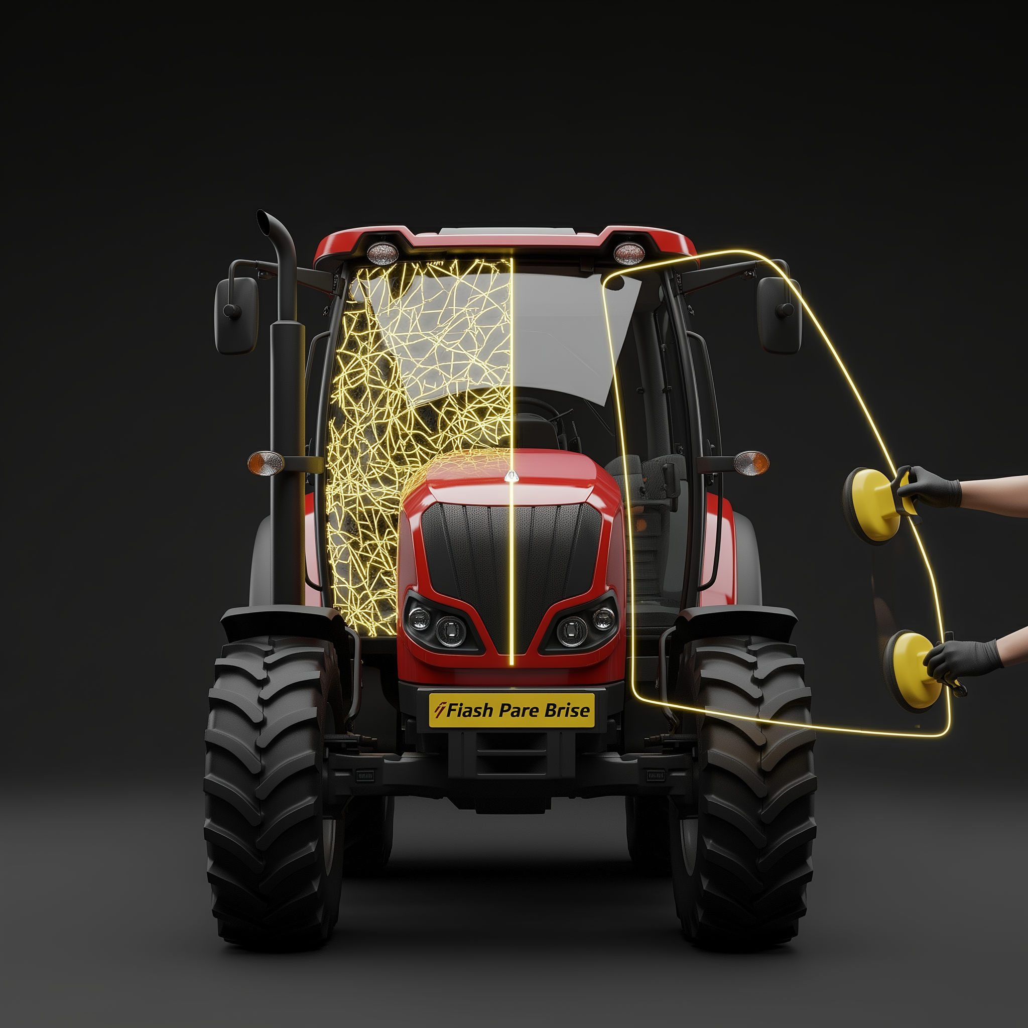 Technicien Flash Pare-Brise remplaçant le pare-brise avant d’un tracteur