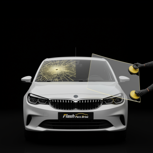 Mains d’un technicien Flash Pare-Brise ajustant un pare-brise avant sur un véhicule