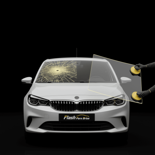 Mains d’un technicien Flash Pare-Brise ajustant un pare-brise avant sur un véhicule