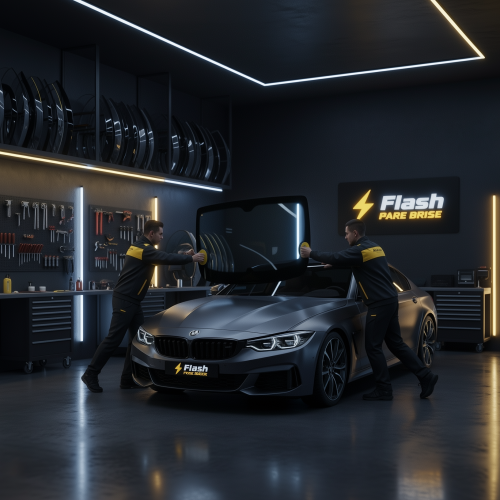 Deux techniciens Flash Pare-Brise effectuant une intervention complète de remplacement de pare-brise