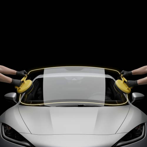 Mains de deux techniciens positionnant un nouveau pare-brise avant Flash Pare-Brise