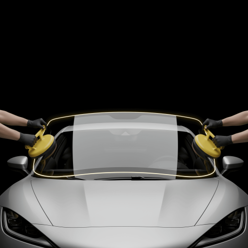 Mains de deux techniciens positionnant un nouveau pare-brise avant Flash Pare-Brise