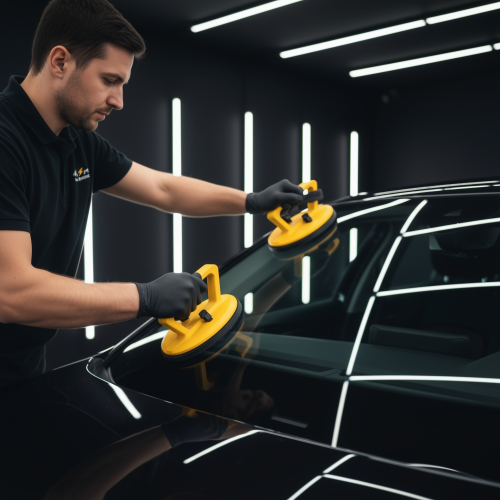 Technicien Flash Pare-Brise changeant le pare-brise avant d’une voiture