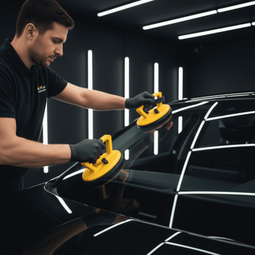 Technicien Flash Pare-Brise changeant le pare-brise avant d’une voiture